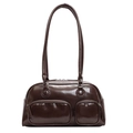 Borsa a spalla vintage in pelle cerata marrone scuro con doppie tasche decorative - Marrone
