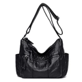 Sac à main classique en cuir souple noir avec poches zippées et bandoulière réglable - Noir
