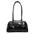 Borsa a tracolla vintage in pelle cerata nera con doppie tasche frontali e hardware argento - Nero