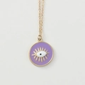 Collier plaqué or 14K avec pendentif œil maléfique en émail lilas sur fond gris clair - Violet