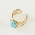 Macro detail of vintage wide gold-beaded ring band featuring oval turquoise stone inlay - Adjustable Open / Oval Lake Blue