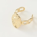 Detail of vintage 14K gold plated open ring featuring an oval relief and Cuban link band - Adjustable Open / Irregular Portrait