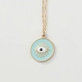 Collier doré avec pendentif œil bleu clair en émail et motif soleil texturé bohème - Bleu Lac