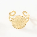 Detail of adjustable gold ring with sunburst coin design and beaded edge accents - Round Sun