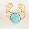 Detail of wide gold ring with oval green turquoise stone and vintage beaded band texture - Wide Hollow Lake Blue