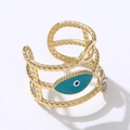 Dettaglio dell'anello malocchio con fascia d'oro traforata e zirconi bianchi - Aperto Regolabile / Occhio del Diavolo Blu Intarsiato Irregolare