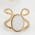 Retro 18k gold plated stainless steel ring featuring a white oval druzy natural stone - Gold Wide Hollow Oval White Stone