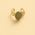 Vintage gold open ring with green oval stone and hollow chain textured design - Adjustable Open / Gold with Green