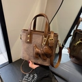 Sac seau en toile marron et cuir avec estampe fashion et breloque éléphant - Avec Pendentif / café