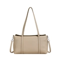 Minimalistische beige Shopper-Tasche aus genarbtem Leder mit langem Schultergurt - Khaki