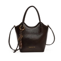 Dunkelbraune polierte Leder-Eimertasche mit Tragegriff und goldenem Markenschriftzug - Braun