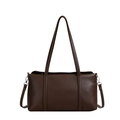 Minimalist deep brown pebbled leather Boston tote bag with silver metal hooks - Coffee