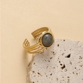 Retro 14K vergulde brede ring met grijze edelsteen op getextureerde witte rots - Verstelbaar Open / Grijs