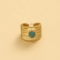14K gold plated stainless steel wide band ring with turquoise stone and braided texture - Adjustable Open / Gold with Blue Turquoise