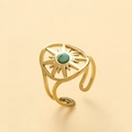 Anello vintage in acciaio placcato oro 14K con pietra turchese e design a raggiera - Design Aperto a Stella Cava / Blu/Oro