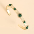 Detail of vintage turquoise inlaid adjustable open cuff bracelet with gold-plated finish - 14k / Gold Green Stone (A3087)