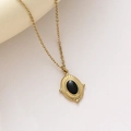 Collana in acciaio inossidabile placcato oro 14K con ciondolo ovale in resina nera - Pietra preziosa ovale vintage / Nero