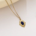 Collana a croce in acciaio inossidabile dorato con pendente ovale in smalto blu - Pietra preziosa ovale vintage / Blu
