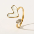 Adjustable golden stainless steel ring with white enamel heart and sparkling crystals - White