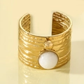 Adjustable gold plated stainless steel ring with white natural stone and hammered texture - White
