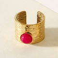 Hammered gold finish wide band ring with a vibrant pink round stone inlay - Rose Red