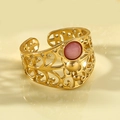 Adjustable gold plated stainless steel ring with hollow vine pattern and pink gemstone - Pink