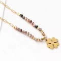 Stainless steel beaded necklace featuring a gold clover pendant and colorful faceted beads - Clover Brown