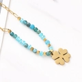 Beaded clover pendant necklace in turquoise and blue colors with gold accents - Clover Blue