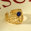 Vintage gold-plated stainless steel open ring with round blue lapis lazuli stone - Dark Blue