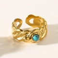 Vintage golden twist open ring featuring a turquoise stone and metallic bead detail - Turquoise Color