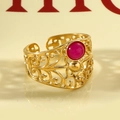 Adjustable gold plated stainless steel ring with filigree detail and magenta stone - Round Rose Red Stone Hollow Style / Rose Red