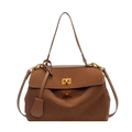 Brown suede-textured tote bag with gold lock and shoulder strap on white background - Brown