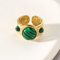 Vintage stainless steel open ring with green stone in gold hammered finish - Malachite Texture (A4016) / Green