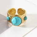 Vintage gold adjustable ring featuring three turquoise stones with hammer textures - Turquoise Texture (A4017) / Blue
