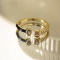 Bague ajustable en cuivre avec émail noir, gemme rose et cristaux sertis - Noir