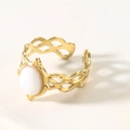 Elegant gold-plated open ring with hollow mesh design and white oval gemstone - Hollow Open Ring (White Stone) / White