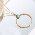 Golden hammer textured necklace with round turquoise stone pendant on link chain - Green