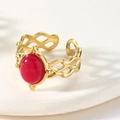 Elegant gold bohemian open ring featuring a large oval red stone and hollow wavy band - Hollow Open Ring (Red Stone) / Red