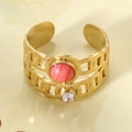 Adjustable golden double-chain ring featuring a pink marble stone and tiny clear zircon - Red