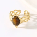Vintage hollow gold-plated ring with oval tiger eye stone and bohemian wave design - Hollow Open Ring (Brown Tiger Eye) / Brown