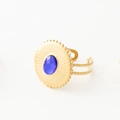 Vintage 18k gold plated stainless steel ring with blue zircon and textured sunburst disk - Round Blue Zirconia