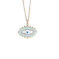 Collana dorata con ciondolo a forma di occhio greco in smalto blu chiaro e ciglia su bianco - 14k / Blu lago