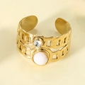 Golden adjustable vintage wide ring with white stone and round faceted crystal - White