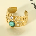 Vintage gold adjustable ring with double-layer hollow chain and green natural stone - Green