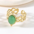 Elegant vintage open ring in gold finish featuring a green stone and hollow wave design - Green