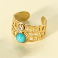 Vintage wide gold stainless steel open ring with green stone and zircon inlay - Blue