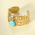 Vintage wide gold plated open ring with double layer chain design and blue turquoise stone - Turquoise
