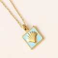Gold beaded necklace with square blue enamel shell pendant in a vintage ocean style - Lake Blue