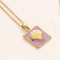 Gold chain necklace with a square purple enamel pendant and shell emblem detail - Purple