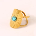 Golden stainless steel ring with turquoise stone inlay and bohemian leaf engraving - Blue Stone